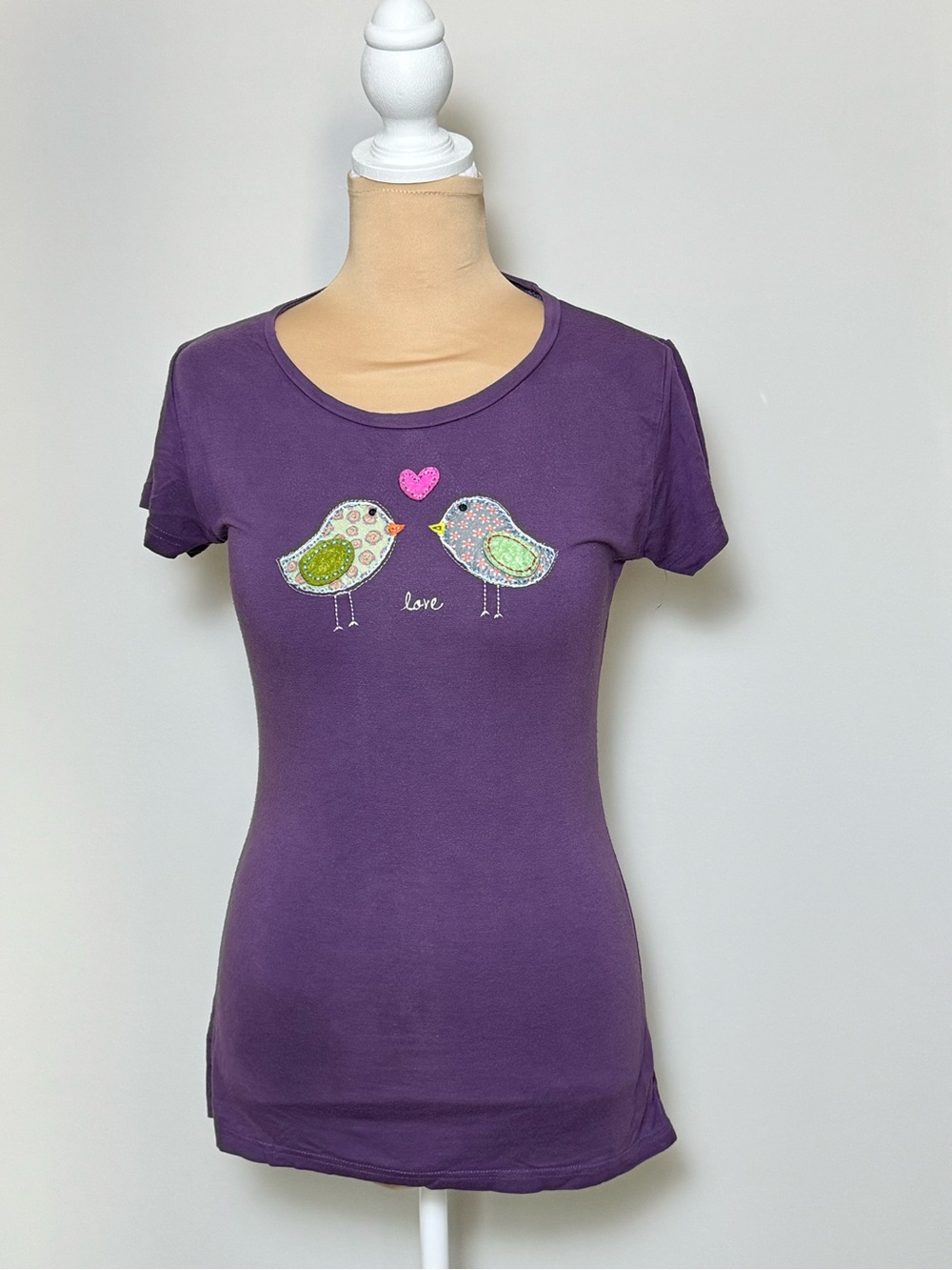 NATURAL LIFE Purple Short Sleeve Graphic Tee Bird Appliqués Boho Cottagecore